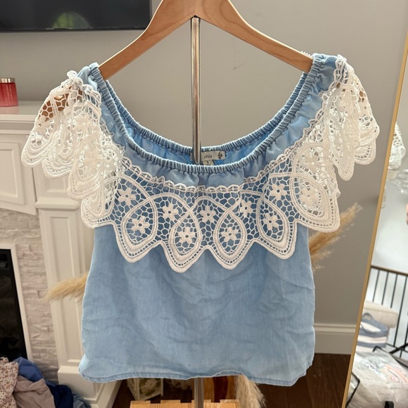 iris Tops - Blue Lace Trim Off-Shoulder Top